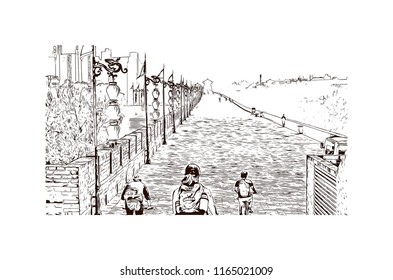 The fortifications of Xi'an, also known as Xi'an City Wall, in Xi'an, an ancient capital of China. Hand drawn sketch illustration in vector.