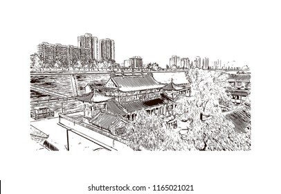 The fortifications of Xi'an, also known as Xi'an City Wall, in Xi'an, an ancient capital of China. Hand drawn sketch illustration in vector.