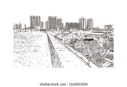 The fortifications of Xi'an, also known as Xi'an City Wall, in Xi'an, an ancient capital of China. Hand drawn sketch illustration in vector.