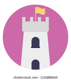 Fortified building structure with flag, castle flat icon
