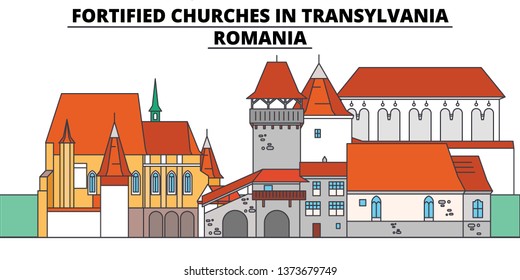 Fortified Churches In Transylvania ,  Romania ,  travel skyline vector illustration. 