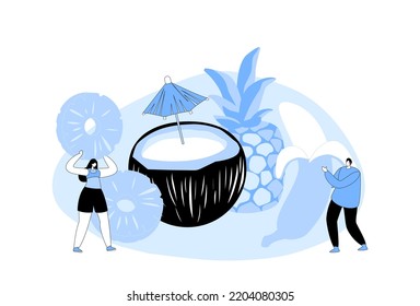 Fortified Nutrition, Fruits Salad Tropical Resort. Tiny Man Holding Peeled Banana, Woman with Pineapple near Huge Coconut with Umbrella, Vegetarian Healthy Food, Cartoon Flat Vector Illustration
