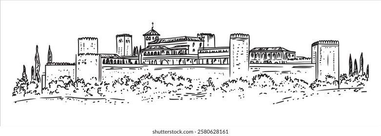 fortified palace with towers and cypress trees, hand-drawn vector illustration