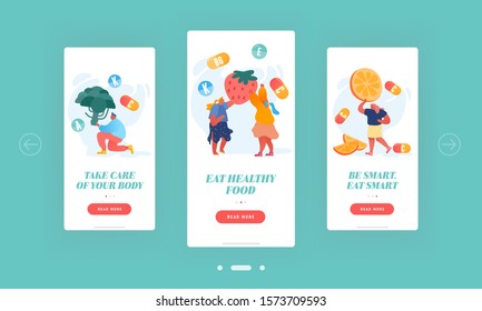 Fortified Products and Vitamins Mobile App Page Onboard Screen Set. People Eat Fruit, Vegetable Berries as Source of Energy and Health Concept for Website or Web Page, Cartoon Flat Vector Illustration