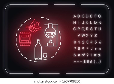 Fortified wine neon light concept icon. Strong alcohol beverage, winemaking idea. Outer glowing sign with alphabet, numbers and symbols. Adding liquor to wine. Vector isolated RGB color illustration