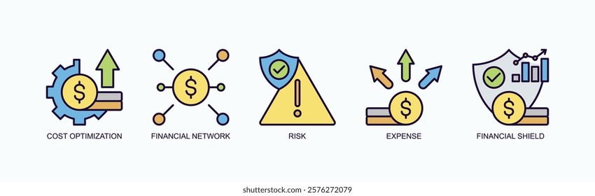 Fortify Finance Icon Set Isolated Vector With Icon Of Cost Optimization, Financial Network, Risk, Expense, Financial Shield In Outline Color Style