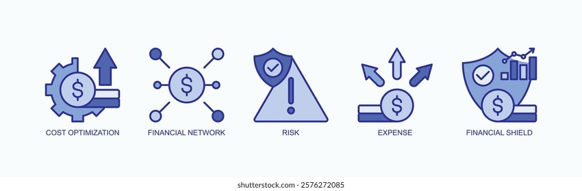 Fortify Finance Icon Set Isolated Vector With Icon Of Cost Optimization, Financial Network, Risk, Expense, Financial Shield In Blue Style