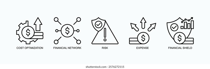 Fortify Finance Icon Set Isolated Vector With Icon Of Cost Optimization, Financial Network, Risk, Expense, Financial Shield In Outline Style