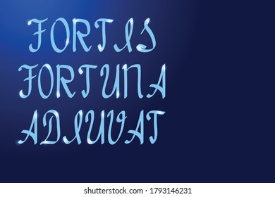 "Fortis fortuna adiuvat" a saying meaning "Fortune loves the bold"  inscription in Latin letters with a brush different thickness blue and glowing stars. Vector illustration.