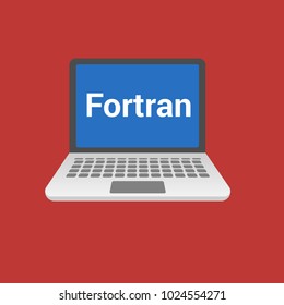 Fortran programming language. Laptop flat design on red background