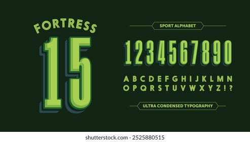 Fortress 15: Bold yellow numbers with a striking green outline. Hipster-inspired design featuring A-Z characters on a sleek black background. Perfect for standout, modern designs. Vector illustration.