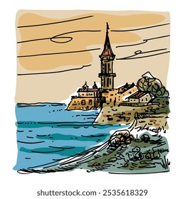 Fortaleza, paredes antigas, farol na torre na costa, ilustração vetorial, desenho, eps