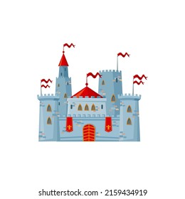 Fortress with arch gates, royal banners on walls with fleur-de-lis emblems, retro french citadel with red flags on towers. Vector palace of stone, kingdom architecture exterior royal building