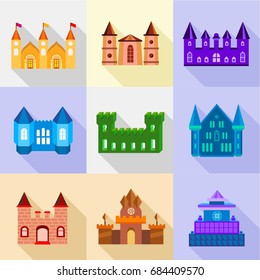 Fortress and bastion icons set, flat style