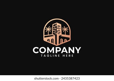 fortress castle building with palm desert logo for landmark building holiday business brand identity