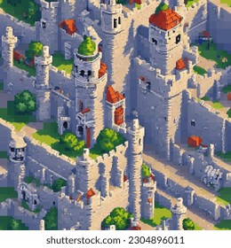 fortress; castle; medieval; landmark; fort; ancient; stone; wall; tower; architecture; landscape; fantasy; rectangular; rectangle; square; orthogonal; Mosaic; pixel; geometric; shape; geometrical; pat