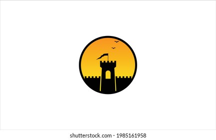 fortress  castle tower vector icon logo design illustration with sunset and seagull template
