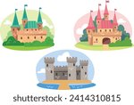 Fortress, fort, castle. Vector set, collection with cartoon flat images. Illustration for children with fairy castle. Medieval fairytale magical magic fortress fort royal palace.