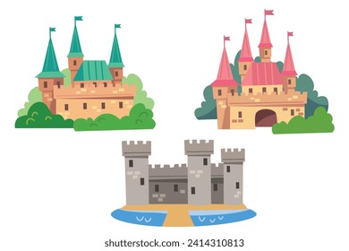 Fortaleza, fuerte, castillo. Conjunto de vectores, colección con imágenes planas de dibujos animados. Ilustración para niños con castillo de hadas. Cuentos de hadas medievales magia mágica fortaleza fuerte palacio real.