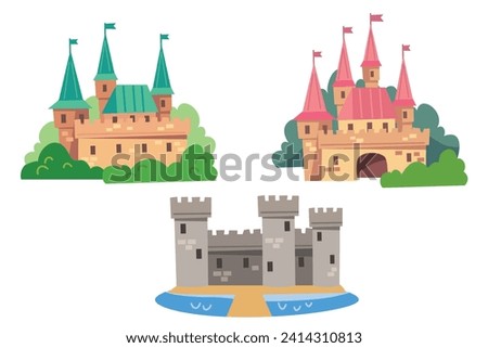 Fortress, fort, castle. Vector set, collection with cartoon flat images. Illustration for children with fairy castle. Medieval fairytale magical magic fortress fort royal palace.