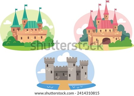 Fortress, fort, castle. Vector set, collection with cartoon flat images. Illustration for children with fairy castle. Medieval fairytale magical magic fortress fort royal palace.