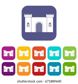 Fortress with gate icons set vector illustration in flat style In colors red, blue, green and other