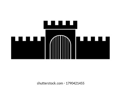 Fortress gate and wall icon. Front view. Black silhouette. Vector flat graphic illustration. The isolated object on a white background. Isolate.