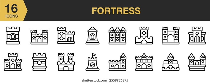 Fortress icon set. Includes Castle, Building, Medieval, Tower, Bastion, Citadel, Fortress, and More. Outline icons vector collection.