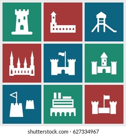 Fortress icons set. set of 9 fortress filled icons such as castle