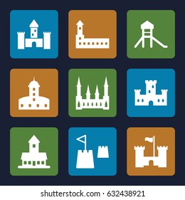 Fortress icons set. set of 9 fortress filled icons such as castle