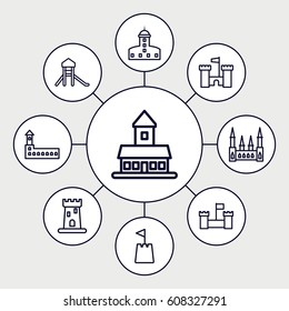 Fortress icons set. set of 9 fortress outline icons such as castle