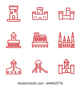 Fortress icons set. set of 9 fortress outline icons such as