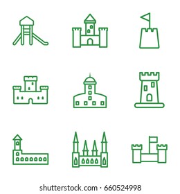 Fortress icons set. set of 9 fortress outline icons such as castle