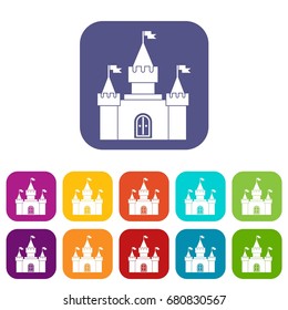 Fortress icons set vector illustration in flat style in colors red, blue, green, and other