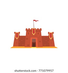 Fortress with iron grating on entrance, defensive towers and red heraldic flags. Historical building. Medieval architecture. Flat vector for children s fairy tales