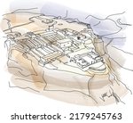 The fortress of Masada in Israel. Watercolor illustration for postcard, calendar, travel magazine, social media post