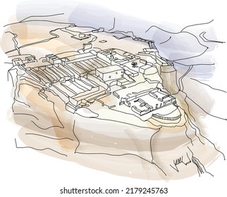 La fortaleza de Masada en Israel. Ilustración acuarela para postal, calendario, revista de viajes, publicación en medios sociales