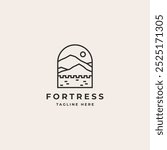 Fortress with mountain and sun simple line art outline logo design. Nature fortress badge icon illustration