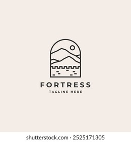 Fortress with mountain and sun simple line art outline logo design. Nature fortress badge icon illustration