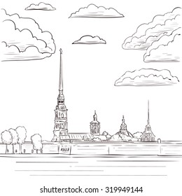 Fortress near the river.  St. Petersburg, Russia. Peter-Pavel's Fortress. Hand drawn vector illustration.
