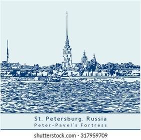 Fortress near the river. Vector illustration. St. Petersburg, Russia. Auto trace of photo of Peter-Pavel's Fortress