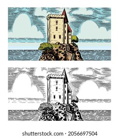 and a fortress on a rocky mountain. Castle on the background of the sea. French or Italian engraved landscape. Hand drawn monochrome vintage horizontal sketch.