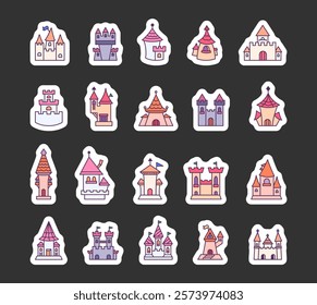 Fortress set of outline illustrations, medieval castles with towers, gates, spires, walls, roofs, doors, arches, windows, flags, stair, fortifications and architectural decorations