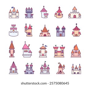 Fortress set of outline illustrations, medieval castles with towers, gates, spires, walls, roofs, doors, arches, windows, flags, stair, fortifications and architectural decorations