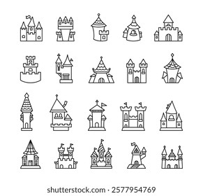 Fortress set of outline illustrations, medieval castles with towers, gates, spires, walls, roofs, doors, arches, windows, flags, stair, fortifications and architectural decorations