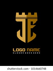 Fortress shield initial J E logo template vector