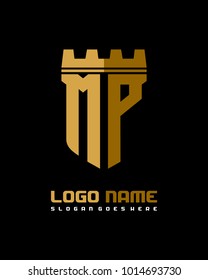 Fortress shield initial M P logo template vector