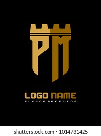 Fortress shield initial P M logo template vector