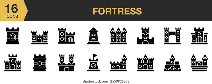 Fortress solid icon set. Includes Castle, Building, Medieval, Tower, Bastion, Citadel, Fortress, and More. Solid icons vector collection.