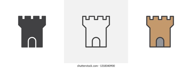 Fortress tower icon. Line, glyph and filled outline colorful version, castle tower outline and filled vector sign. Symbol, logo illustration. Different style icons set. Pixel perfect vector graphics